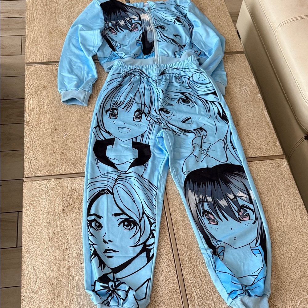 Anime Print Kids Pajama Set - Light Blue